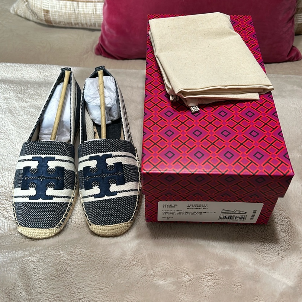 Tory Burch Navy and White Logo Espadrille Flats Size 9